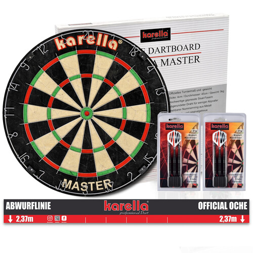 Karella - Dartboard Master im Set inkl. 2 Satz Karella Steeldarts und Karella Abwurflinie